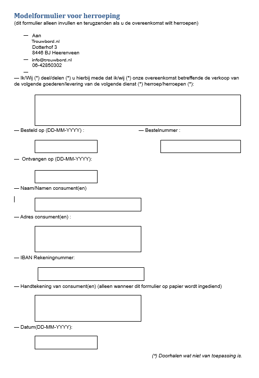 Trouwbord.nl - Herroeping recht formulier